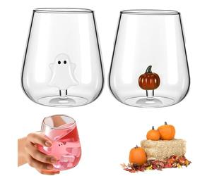2PCS Wine Glass with Ghost Inside, Halloween Stemless Wine Glasses, Cute Ghost Pumpkin Bat Wine Glass, Funny Drinking Glasses, Stemless Icon Juice Glasses for Halloween Decor Family Friend Gift (SetA)
