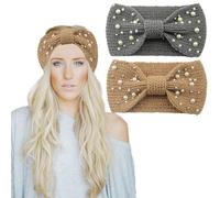 2Pcs Winter Bows Headband Women's Knitted Warm Headbands Ear Warmers Head band Elastic Twist Hair Band Thick for Women and Girls Elastic Crochet Thermal Head bands