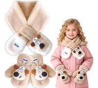 2Pcs Winter Fluffy Scarf Gloves Set for Kids, Thermal Warm Plush Scarf Gloves Puppy Sets Slide Open Cute Bear Animal Card Holders Stationery for School Student Bus Card ID Credit Cards