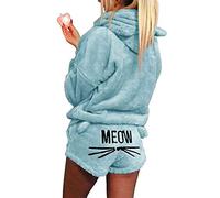 2pcs Women Cat Pajamas Cute Girls Sleepwear Soft Bathrobe Shorts Winter Lounge Sleepwear Sets (Color : Sky Blue, Size : XL)