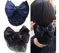 2PCS Women Girls Professional Pure Color Bow Satin Ribbon Bowknot Snood Net Elastic Mesh Hair Bun Cover Women Hair Clip for Nurse Bank Worker Air Hostess Quick Style