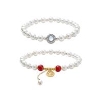 2Pcs Women Imitation Pearl Stretch Bracelet Set, Pave Rhinestone Moonstone Charm & Chinese Double Happiness Red Agate Lucky Stackable Beaded Bracelets, Elegant Vintage Oriental Jewelry Gift for Her