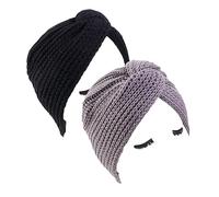 2PCS Women Knitted Turban Hats Head Wrap Autumn Winter Stretchy Beanie Cap Chemo Headwear (Black+Grey)