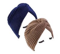 2PCS Women Knitted Turban Hats Head Wrap Autumn Winter Stretchy Beanie Cap Chemo Headwear (Navy Blue+Khaki)