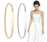 2pcs Women Skinny Metal Elastic Belt - Skinny Metal Cinch Belt Stretch Thin Waist Belt, Gold Silver Waist Chain Belts for Dresses,Metallic Elastic Stretchy Chain Belt, Shiny Adjustable Thin Waist Clip