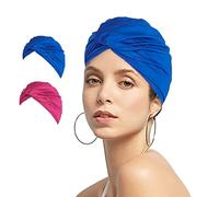 2pcs Women Turban Style Swimming Cap Pleated Fabric Swim Pool Beach Surfing Bathing Shower Cap Elastic Ears Protection Soft Cross Beanie Headwear Chemo Night Sleep Hat Solid Color For Long Short Hair