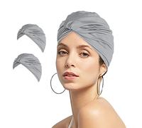 2pcs Women Turban Style Swimming Cap Pleated Fabric Swim Pool Beach Surfing Bathing Shower Cap Elastic Ears Protection Soft Cross Beanie Headwear Chemo Night Sleep Hat Solid Color For Long Short Hair