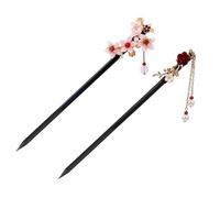2Pcs Women Vintage Hair Sticks Flower Wooden Hair Pins with Bead Pendants