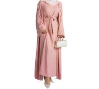 2PCS Women's Muslim Dresses Abaya Islamic Dubai Prayer Dress Robe Long Cardigan Maxi Dress, Pink, Medium