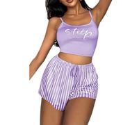 2Pcs Women's Sexy Pajama Sets Sleeveless Letter Print Cami Top and Elastic Waisted Striped Shorts, Comfortable Summer Loungewear Sleepwear Nightwear S-XL (UK, Alpha, L, Regular, Regular, Purple)
