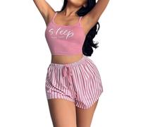 2Pcs Women's Sexy Pajama Sets Sleeveless Letter Print Cami Top and Elastic Waisted Striped Shorts, Comfortable Summer Loungewear Sleepwear Nightwear S-XL (UK, Alpha, L, Regular, Regular, Pink)