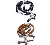通用 2PCS Wood Beads Rosary Necklace Saint Benedict Medal & Catholic Cross Religious Prayer Chaplet String Handmade