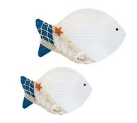 2pcs Wood Fish Wall Hanging Decoration Set Blue Mediterranean Style