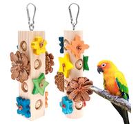 2Pcs Wood Hanging Parrot Toy Colorful Bird Cage Hanging Chew Toy with Top Metal Hook for Budgies Cockatoos Long Tailed Parrots