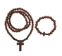 2pcs Wooden Catholic Rosary Bracelet Necklace with Cross Charm Coffee