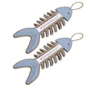 2pcs Wooden Fish Bone Wall Thermometer Gauge, Nautical Sculpture Decor | Rope Hanging Loop, Vintage Coastal Style, for Hotel Rooms and Beach House Wall Surfaces