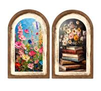 2Pcs Wooden Flower Wall Painting, Colourful Prints Wall Art with Arched Frame, Vintage Wall Picture, Delicate Artwork for Bedroom & Hallway Decor, Housewarming Gifts for Friends and Book Lover