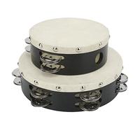 2PCS Wooden Hand Drum Tambourine with Double Row Metal Jingle Bells, Sheepskin Percussion Drum Set in 6in and 8in for Kids Music Learning and Outdoor Events