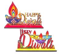 2Pcs Wooden Happy Diwali Decorations for House, Diwali Table Centerpieces Decor, Indian Theme Festival of Lights Party Decor, Deepawali Wooden Sign for Traditional Indian Hindu Festival of Lights Part