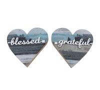 2Pcs Wooden Heart Table Decorations, Grateful + Blessed Home Decor for Living Room Dining Room Farmhouse Shelf