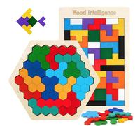 2Pcs Wooden Hexagon Puzzle and Russian Blocks, Shape Tangram Brain Teaser Toy, Jigsaw Puzzles, Pattern Blocks Brain Teasers Game, Wooden Kids Puzzle, Educational Toys Gift for All Ages