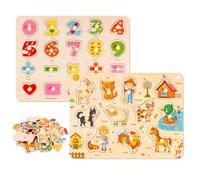 2Pcs Wooden Jigsaw Puzzles for Kids 3+ Year Olds, Farm Animal Number Wooden Peg Puzzles Educational Learning Kids Toys, Birthday Gift for Boys Girls