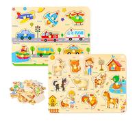 2Pcs Wooden Jigsaw Puzzles for Kids 3+ Year Olds, Farm Animal Transportation Wooden Peg Puzzles Educational Learning Kids Toys, Birthday Gift for Boys Girls