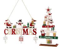 2pcs Wooden Merry Christmas Sign - Hanging and Tabletop Christmas Decorations for Home, Wall, Door or Shelf, Indoor Xmas Decor with Festive Designs