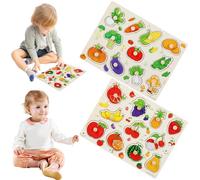 2Pcs Wooden Peg Puzzles, Colorful Fruit & Veggie Styles Peg Puzzles, Montessori-Inspired Educational Wooden Matching Game for Age 3-7 Years Old Child