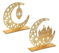 2Pcs Wooden Ramadan Islamic Eid Mubarak Kareem Table Signs Moon Hollow Star Ornament for Muslim Party Tabletop Decor Home Art Craft Decoration (A)