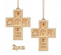 2Pcs Wooden Religious Christmas Tree Decorations, 3D Handmade Christmas Ornaments Tree Cross Christian Christmas Ornaments Comes With A Lanyard For Family Decoration And Friend Gifts