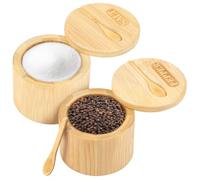 2pcs Wooden Salt and Spice Box, 5oz Round Seasoning Salt Bowl with Magnetic Swivel Lid and Spoon, Kitchen Pepper Storage Box with Single Compartment for Salt, Spices, Herbs