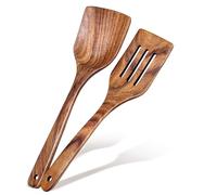 2Pcs Wooden Spatula, Acacia Solid & Slotted Turner Spatula Set, Long Handle Flat Frying Spatulas, Ideal Kitchen Gift for Mother and Grandma, Kitchen Utensils Set for Cooking, Frying, Baking