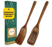 2Pcs Wooden Spatula for Cooking, Handmade Teak Wood Spatula Set, Long Handle Spatula Set Contains Slotted Spatula and Turner