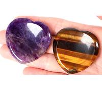 2PCS Worry Stones for Anxiety Amethyst Tiger Eye Crystals Thumb Heart Shaped Quartz Crystal Palm Polished Gemstone Pocket Massage Natural Gem Reiki Meditation Stress Relief Gift for Women