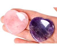 2PCS Worry Stones for Anxiety Rose Quartz Amethyst Crystals Worry Stone Thumb Heart Crystal Palm Polished Gemstone Pocket Massage Gem Stress Relief Item Reiki Meditation Gift for Women
