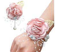 2PCS Wrist Corsages for Wedding Rose Wrist Corsage Boutonniere with Pearl Wrist Band Flower Corsage Bracelet Girls Women Bride Bridesmaid Handmade Artificial Corsage Set for Party Prom Decorations