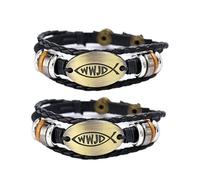 2Pcs WWJD Leather Bracelet, Men's and Women's What Would Jesus Do Hand-Woven Beaded Fish Bracelet, Catholic Christian Jewelry, One Size, Leather, no gemstone