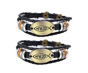 2Pcs WWJD Leather Bracelet, Men's and Women's What Would Jesus Do Hand-Woven Beaded Fish Bracelet, Catholic Christian Jewelry, One Size, Leather, no gemstone