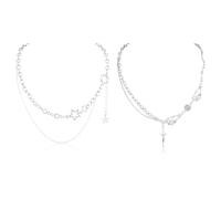 2pcs Y2K Irregular Necklace, Silver Star & Moonlight Stone Pendant Double Trendy Chain, Grunge Punk Asymmetric Necklace, Adjustable Y2K Dual Strand Jewelry Gifts Accessories for Women