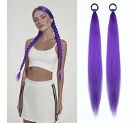 2pcs Yaki Straight 26inch Ponytail Extension with Elastic Band Hair Tie Synthetic Dreadlocks for Braid Invisible Ponytail Hairpiece (Purple)