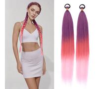 2pcs Yaki Straight 26inch Ponytail Extension with Elastic Band Hair Tie Synthetic Dreadlocks for Braid Invisible Ponytail Hairpiece (Purple/Red/Pink)