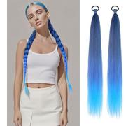 2pcs Yaki Straight 26inch Ponytail Extension with Elastic Band Hair Tie Synthetic Dreadlocks for Braid Invisible Ponytail Hairpiece (Black Ombre Sky Blue)