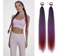 2pcs Yaki Straight 26inch Ponytail Extension with Elastic Band Hair Tie Synthetic Dreadlocks for Braid Invisible Ponytail Hairpiece (Black/Purple/Wine Red)