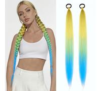 2pcs Yaki Straight 26inch Ponytail Extension with Elastic Band Hair Tie Synthetic Dreadlocks for Braid Invisible Ponytail Hairpiece (Yellow/Green/Sky Blue)