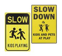 2pcs Yellow Iron Street Warning Sign for Playing and Slow Traffic