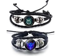 2Pcs Zodiac Bracelets Layered Leather Constellation Bracelet Vintage Zodiac Signs Spirit Bracelet Wrap for Women Men 12 Constellation Gift, Faux Leather, glass