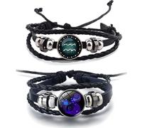 2Pcs Zodiac Bracelets Layered Leather Constellation Bracelet Vintage Zodiac Signs Spirit Bracelet Wrap for Women Men 12 Constellation Gift, Faux Leather, glass