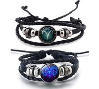 2Pcs Zodiac Bracelets Layered Leather Constellation Bracelet Vintage Zodiac Signs Spirit Bracelet Wrap for Women Men 12 Constellation Gift, Zinc, no gemstone