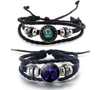 2Pcs Zodiac Bracelets Layered Leather Constellation Bracelet Vintage Zodiac Signs Spirit Bracelet Wrap for Women Men 12 Constellation Gift, Zinc, no gemstone